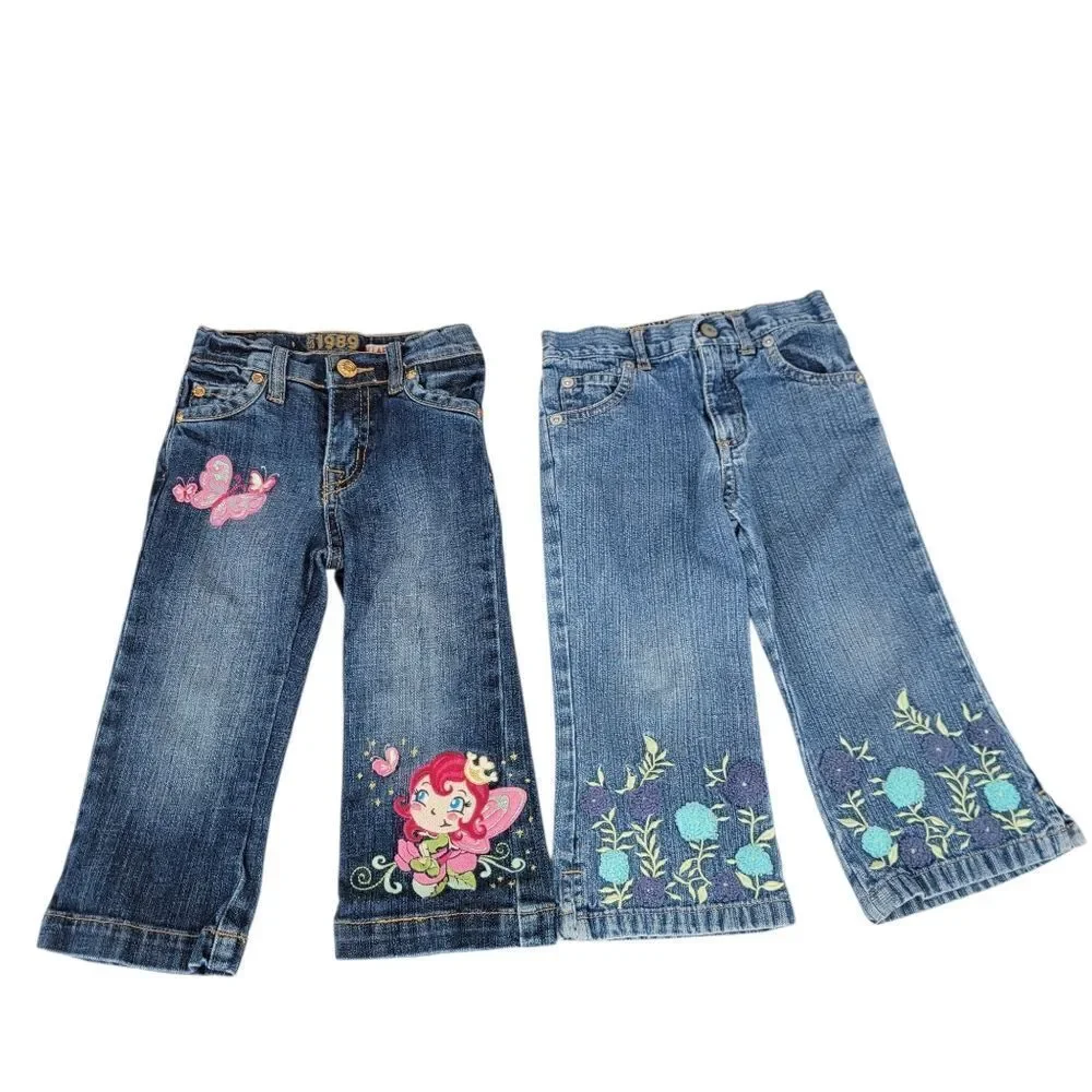 Old Navy + Children's Place Y2K Girls Denim Jeans with Embroidered Design Lot